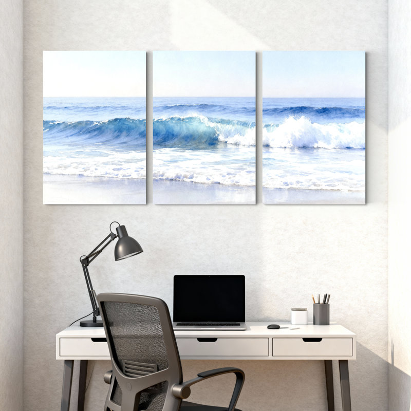 Ensemble de 3 impressions d'art sur toile, "Winter Waves Crashing On Sandy Shore", H 30 po x l 60 po