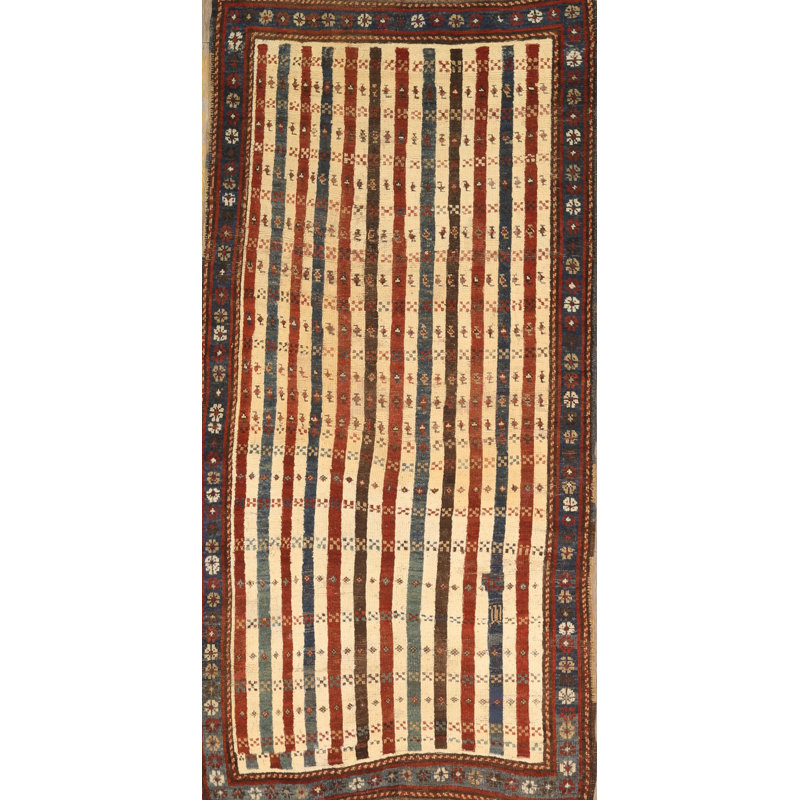 Tribal Stripped Antique Ivory Caucasian Late 19th Century Rug