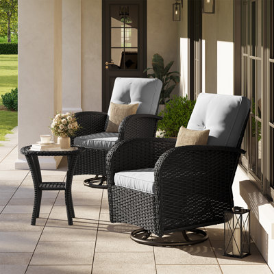 3-Piece Outdoor Wicker Swivel Rocker Set with Cushions and Side Table