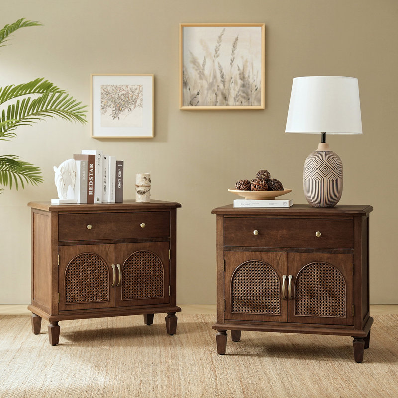 Dyals Traditional 28"W End Table Design Rattan Cabinet Doors with Built-in Power Outlet and Adjustable Shelf, Walnut