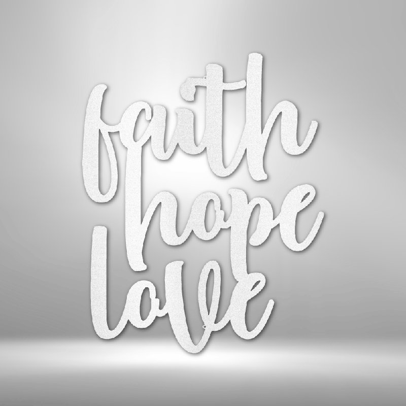 Faith Hope Love, Argent argent, H 14,25 po x l 14,5 po x P 0,5 po