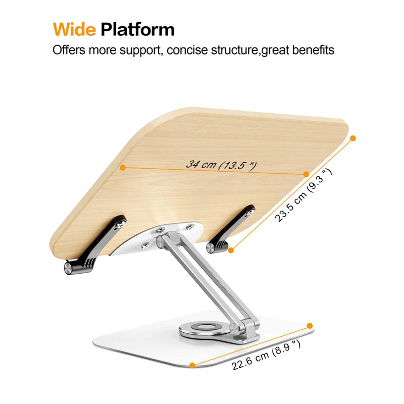 Book Stand For Reading, Adjustable Holder With 360° Rotating Base & Page Clips, Foldable Desktop Ricer For Cookbook,Sheet Music,Laptop,Recipe,Textbook,Hands Free,Wood,Aluminium