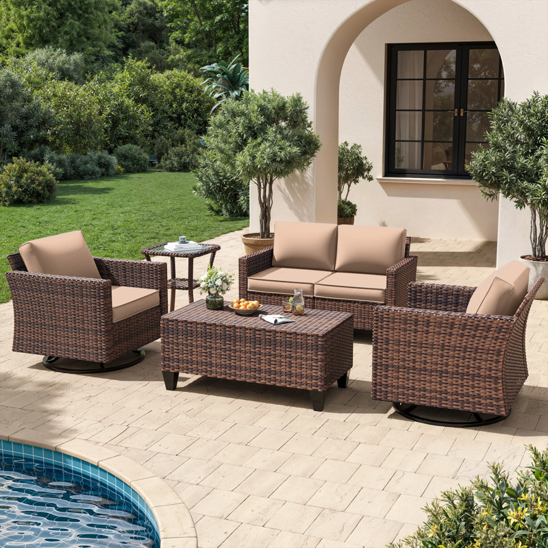 5-Piece Outdoor Conversation Set with Shelf, Space-Saving Wicker Sofa & 2 Chairs with Side Table, Beige, Brown