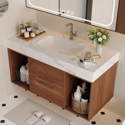 Meuble-lavabo flottant 39,4 po avec lavabo en céramique, 2 tiroirs à fermeture en douceur et plateau en ardoise