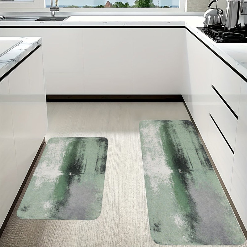 Misty Green Landscape, Kitchen Mats Set of 2, Green Abstract