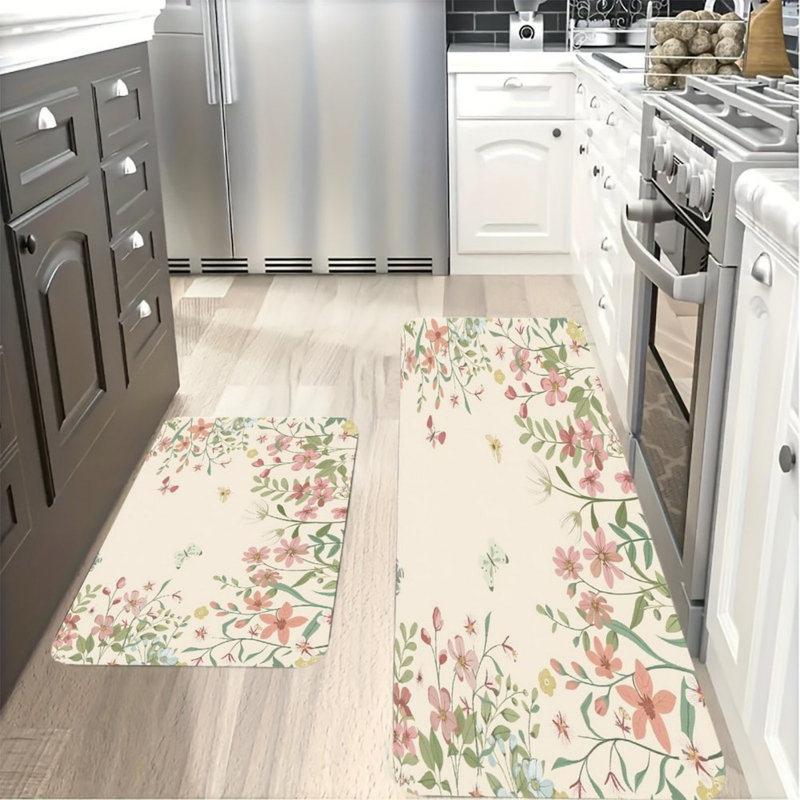 Beige Wildflower Kitchen Mats, 2 Pack, for Kitchen & Bedroom