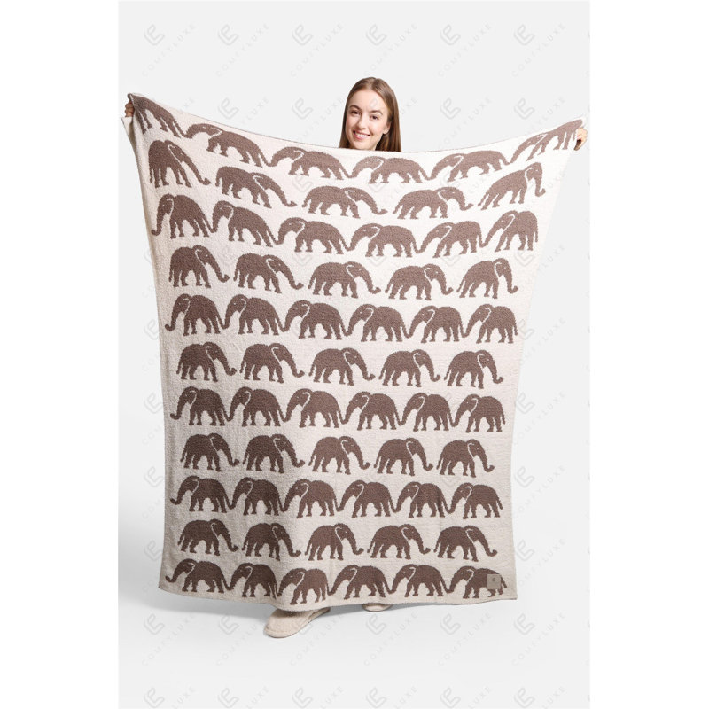 Elephant Pattern Luxury Soft Throw Blanket, Beige