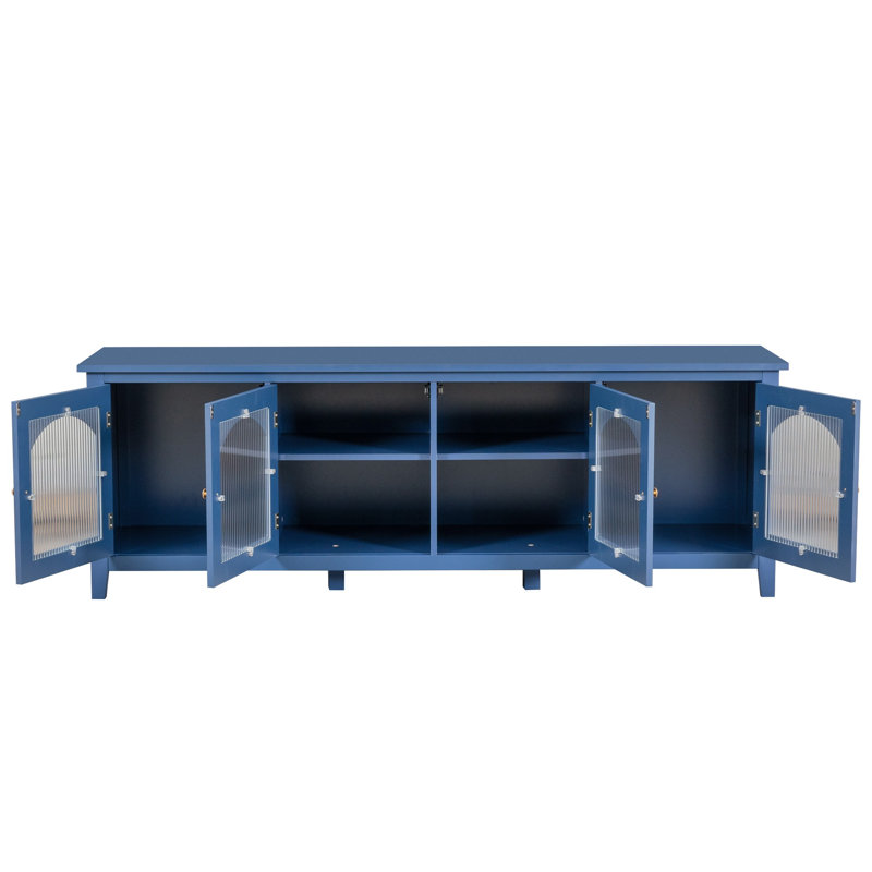 Alberta 70"L Modern TV Stand Cabinet with 4 Doors, Wood Wide Entertainment Center, Glass Doors, Blue