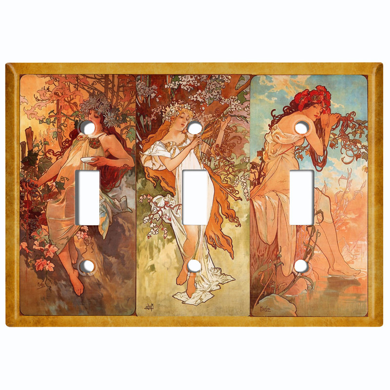 Metal Light Switch Plate Outlet Cover (Beautiful Art Nouveau Angel Girls - Triple Toggle)