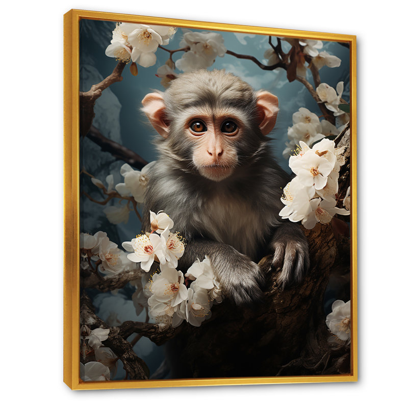 Palette de singe gris printemps floral - art mural singe, Cadre flottant doré, H 44 po x l 34 po