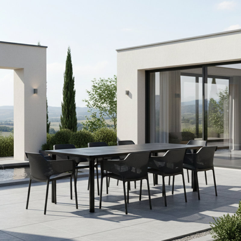 Lemeiux 8 - Person Patio Dining Set with Extendable Rectangular Table, Black