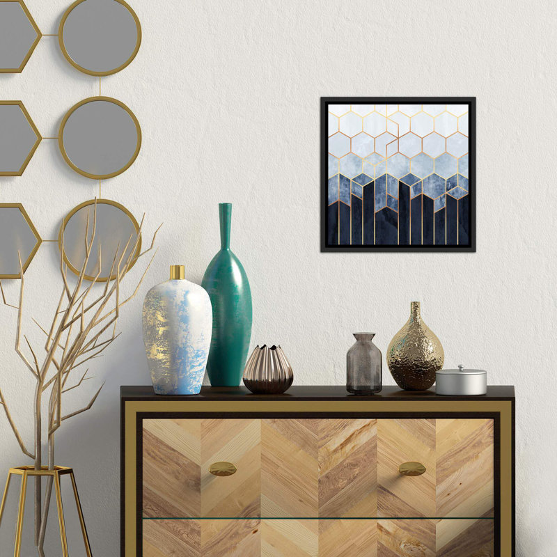 « doux blue hexagones » par elisabeth fredriksson-print, Toile avec cadre noir, H 37 po x l 37 po x P 1,5 po