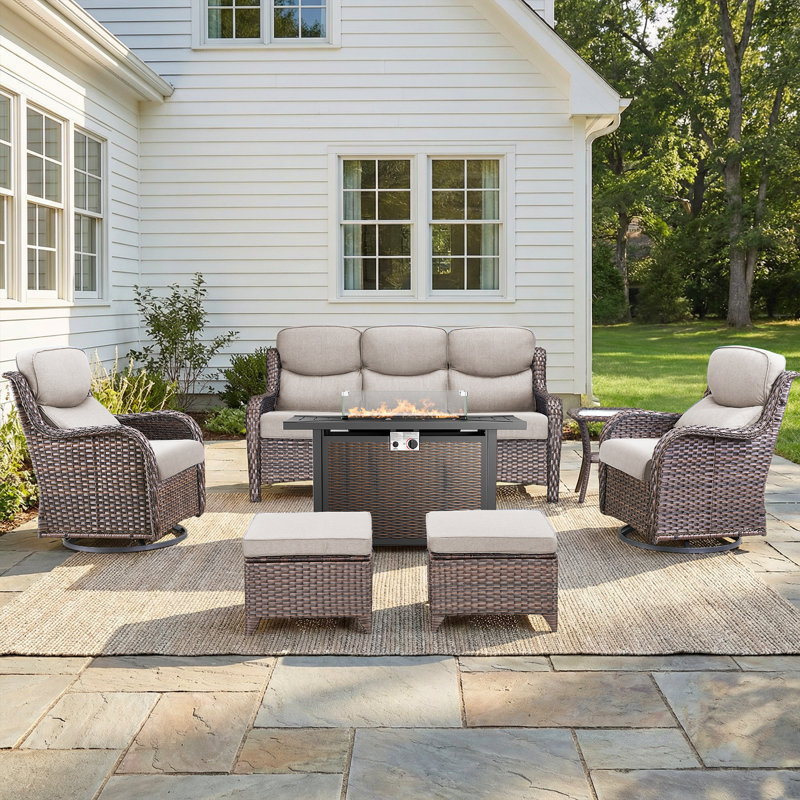 Anner 7-Piece Outdoor Wicker Patio Conversation Set With Rectangle Metal Fire Pit Table, Swivel Gliders And Ottomans, Beige