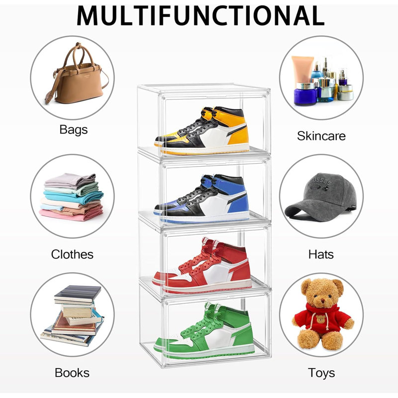 Acrylic Sneaker Shoe Display Case Transparent Shoe Box Storage Bins Clear Plastic Stackable Boot Handbag Organizer Containers With Lids, 1Pack Size 14