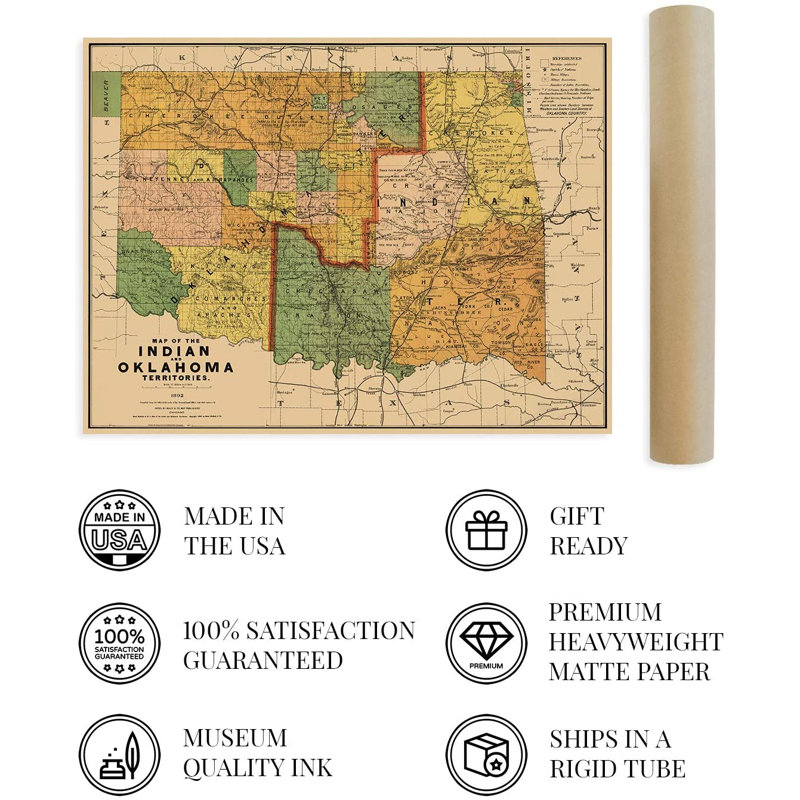 1892, affiche sur carte des Indiens et de l'Oklahoma sur papier, H 18 po x l 24 po x P 0,1 po