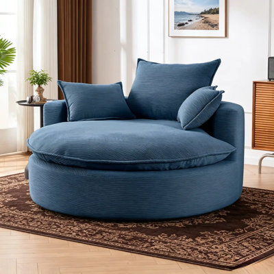 58" Blue Swivel Barrel Accent Chair, 360° Rotation, Dual Cushion & 3 Pillows