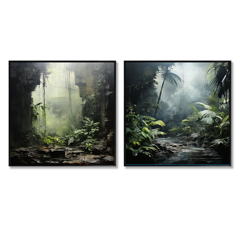 Jungle Cave Serenity - ensemble de 2 collages carrés de forêt, Cadre flottant noir, H 16 po x l 33 po