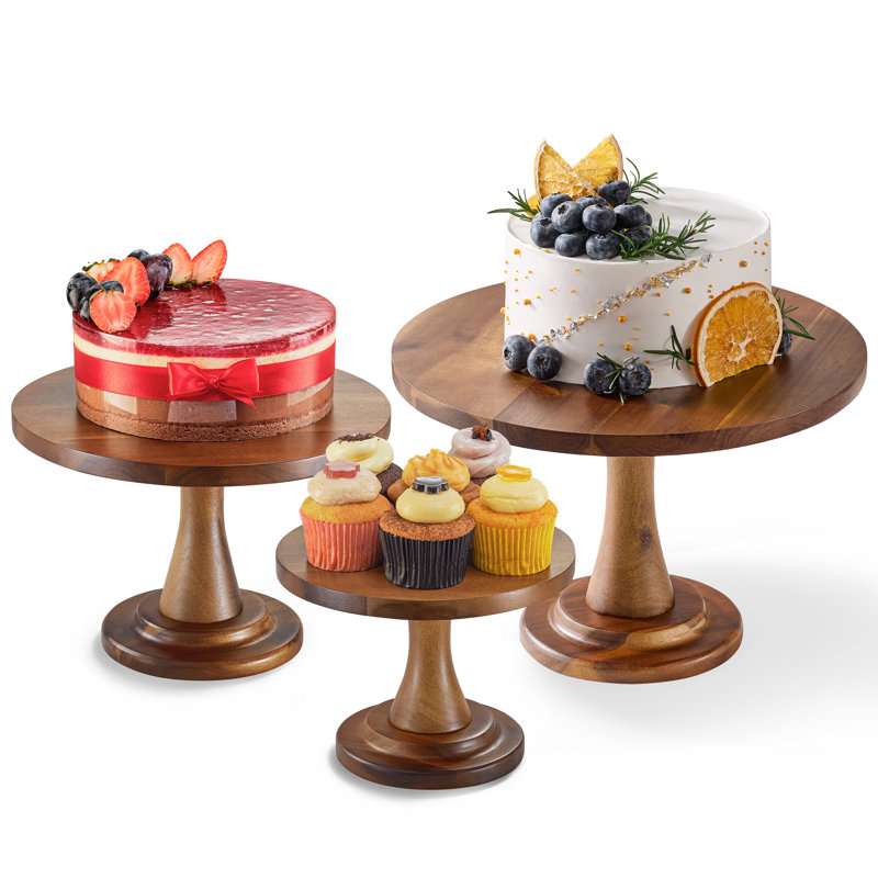 Ensemble de 3 supports à gâteaux en bois d'acacia - Support à petits gâteaux rustique en bois