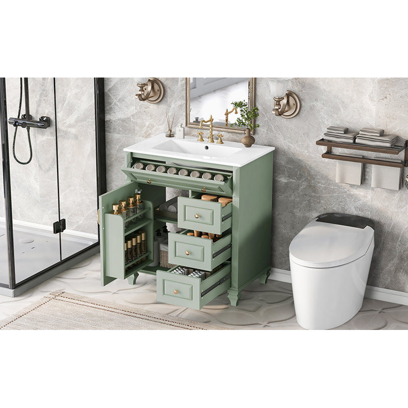 Meuble-lavabo autoportant de 76 cm avec lavabo, tiroir rabattable, 3 tiroirs et armoire de rangement, vert