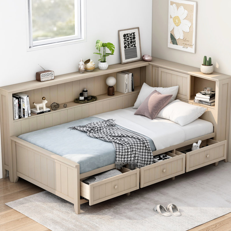 Lit de jour simple en bois avec rangement, finition lait antique blanc, 3 tiroirs, solide, sans sommier et bois, nécessaire