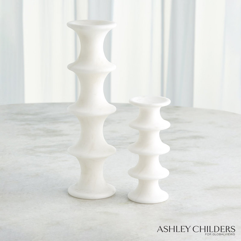 Ridge Alabaster Candlestick-Lg, 7.25" H x 3" W x 3" D, White
