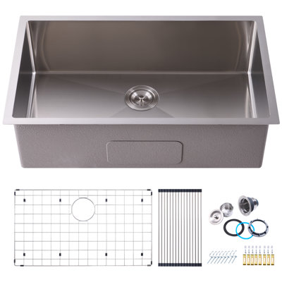 Évier de cuisine 32 po à cuve simple encastrée / encastrée en acier inoxydable 304 de calibre 16 avec accessoires