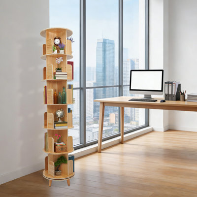 Bibliothèque rotative à 6 niveaux avec bibliothèque en bois de pin à 360 degrés, bibliothèque autoportante, rotative et autoportante