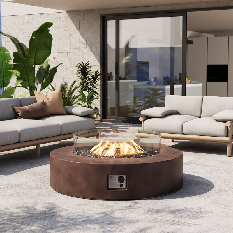 Table de foyer d'extérieur au propane en béton Borgia avec pare-vent et pierres de verre noires, Brown