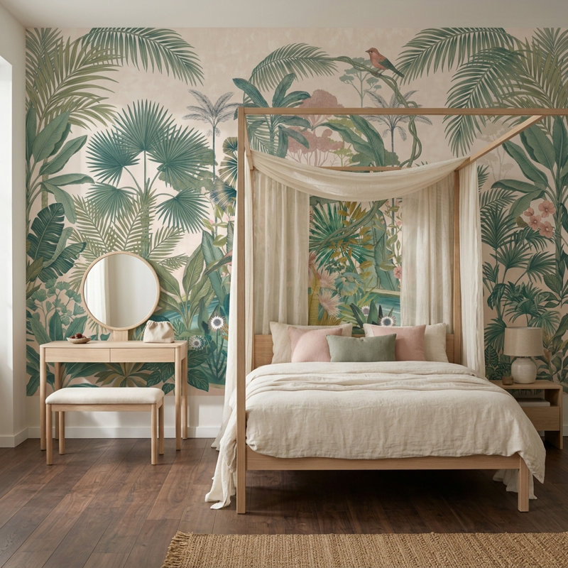 Papier peint tropical amovible Jungle botanique, Texturé non collé, 160 po x 108 po