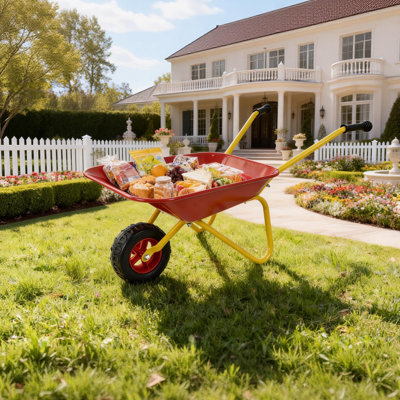 Kids Garden Wheelbarrow, Real Steel Frame & Inflatable Tire, Outdoor Gardening Tool for Children, Red & Yellow