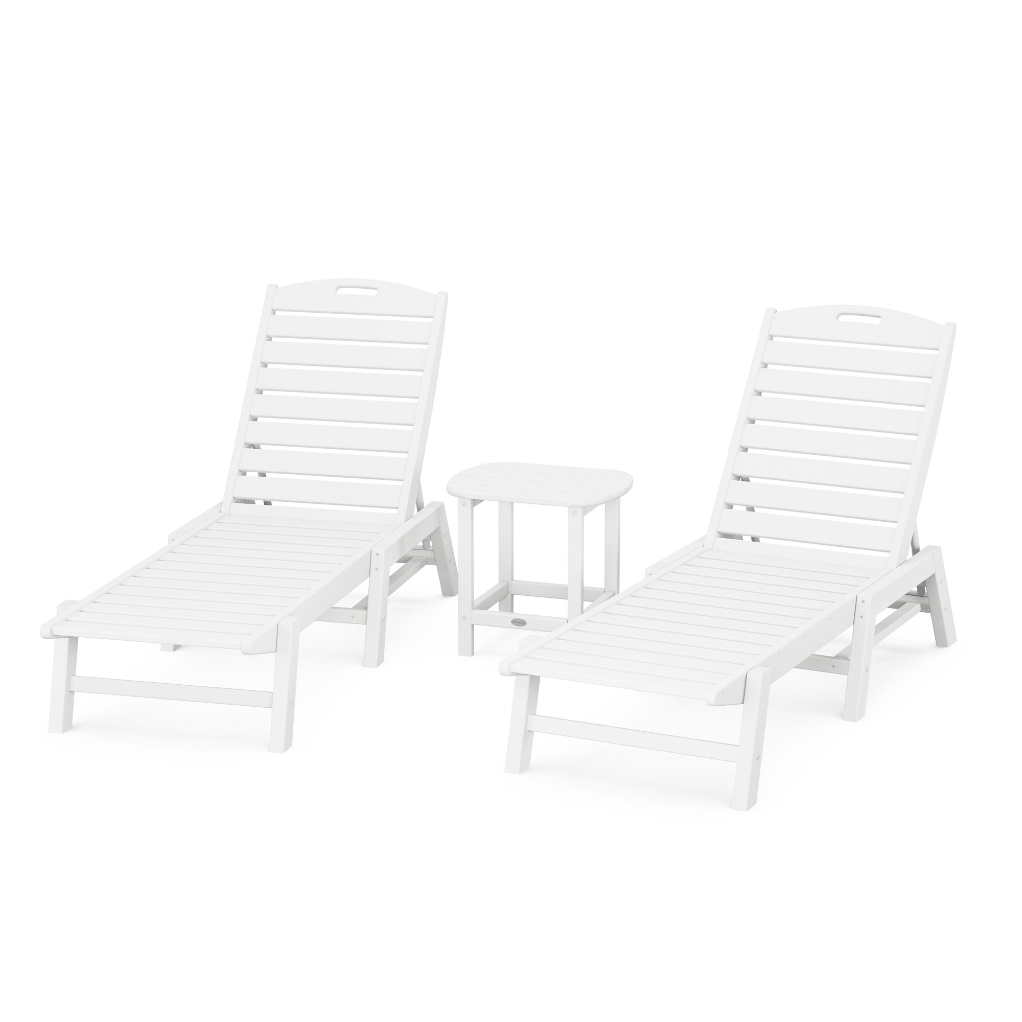 Nautical 3-Piece Chaise Lounge Set with South Beach 18" Side Table, White