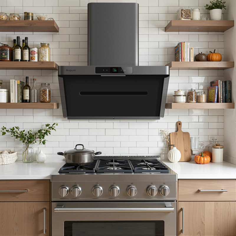 Hotte de cuisine à fixation murale sous un meuble Arspura | Double moteur à courant continu | Conception à évent incliné | Mains libres allumées et éteintes | Écran tactile avec 4 niveaux de vitesse | Pas de filtre et évacuation murale sans lavage - gris