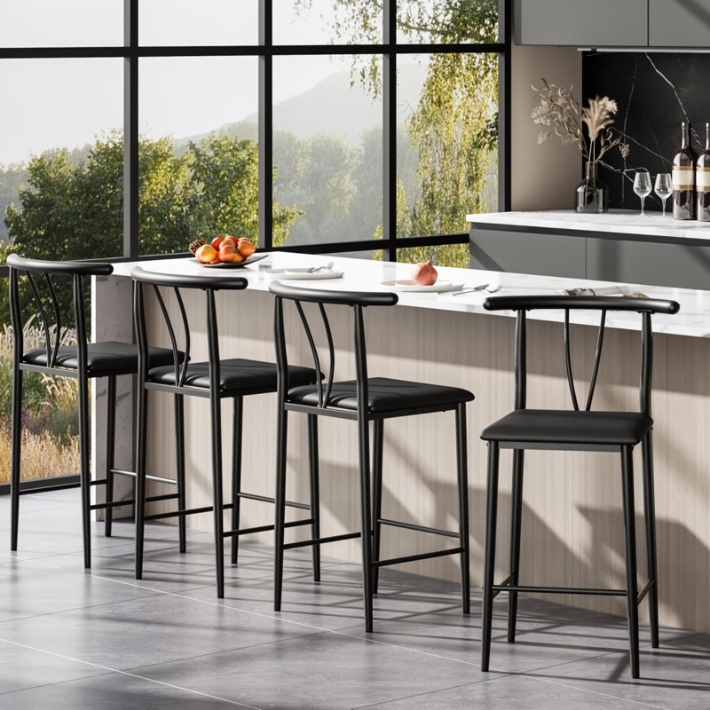 Set of 4 Bar Stools with Backrest, Cushioned Seat and Footrest, 25" Counter Height Modern Kitchen Island Chairs with Sturdy Steel Frame
