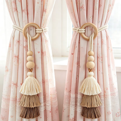 Embrasses de rideaux artisanales en corde : ensemble de 2 embrasses bohèmes avec pompons et perles en bois, embrasses décoratives en coton pour rideaux