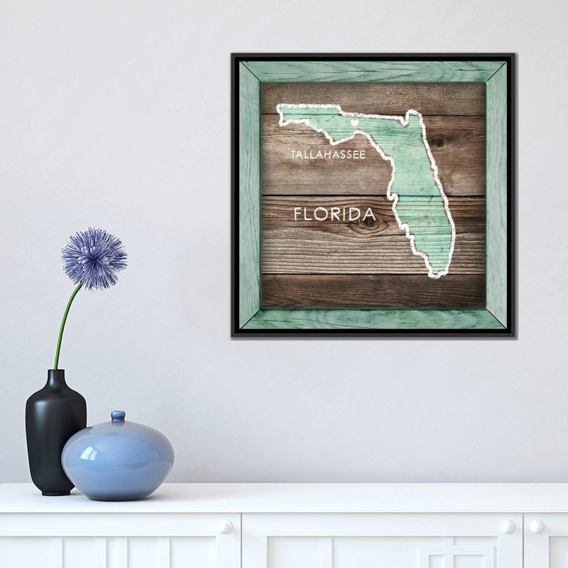 « floride rustique map », impression sur toile, H 12 po x l 12 po x P 1,5 po, Pas de tapis, Toile avec cadre doré