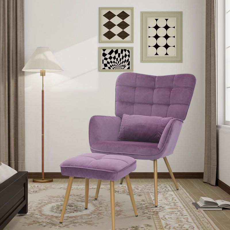 Trishika 28.3'' Wide Tufted Velvet Wingback Chair and Ottoman, Purple Velvet