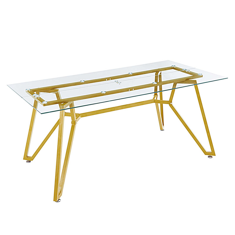 70.9-inch rectangular tempered glass dining table, equipped with sturdy metal table legs, 30.3"H x 70.9"L x 35.4"W
