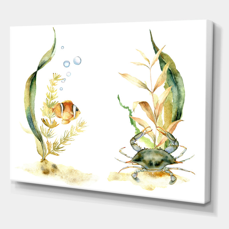 Poisson tropical avec algues et bulles d'air - peinture sur toile, H 16 po x l 32 po x p 1 po, Toile tendue