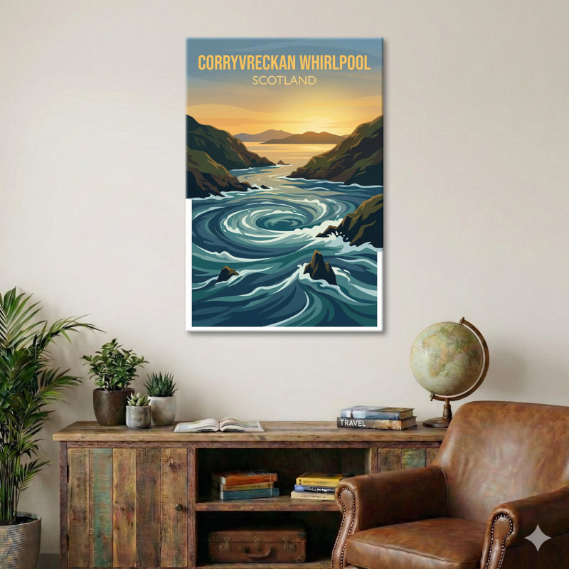 Corryvreckan Whirlpool, Scotland - Romantic Travel Poster of Wild Atlantic Swirls. Giclee Print on Wrapped Canvas. Wall Art, Home Decor - Natural Landmarks, Scotland 1 Piece Wrapped Canvas Wall Art