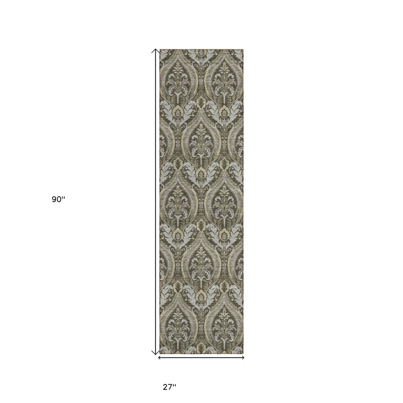 HomeRoots 8' Taupe And Beige Damask Washable Indoor Outdoor Runner Rug