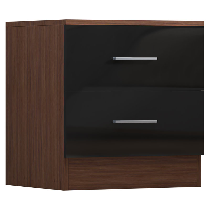Eva High Gloss 2 Drawer Bedside Table - H: 48.5cm x D: 39.5cm x W: 45cm, Walnut/Gloss Black