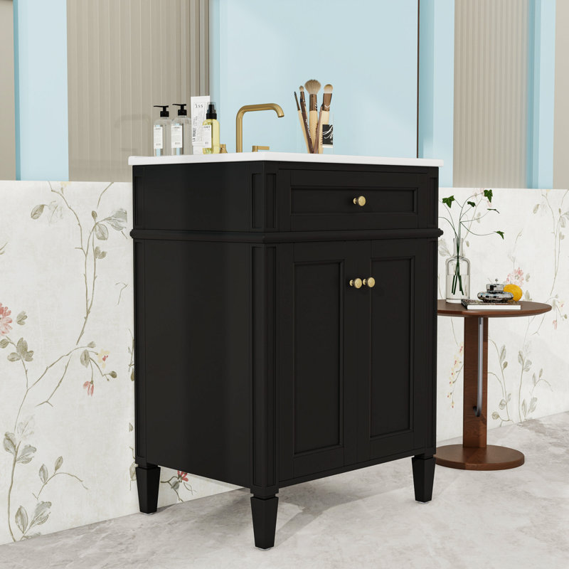 Meuble-lavabo autoportant avec lavabo en céramique, tiroir basculant et tablette réglable, Noir