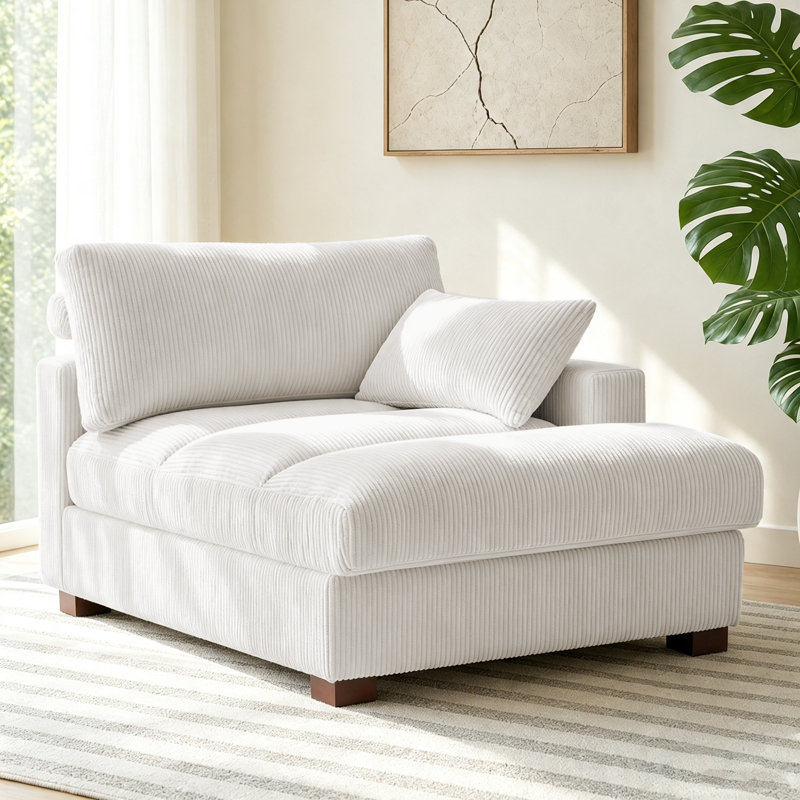 Chaise longue surdimensionnée en velours côtelé beige avec accoudoirs et coussins décoratifs Bentura, Velours côtelé beige