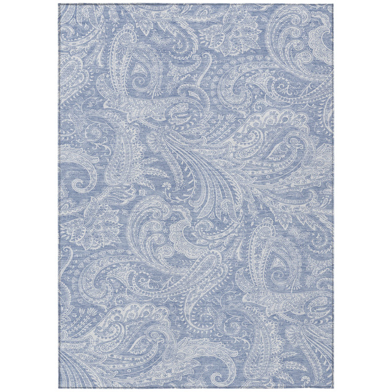 3' X 5' Denim Blue Sky Blue And Ivory Paisley Washable Indoor Outdoor Area Rug