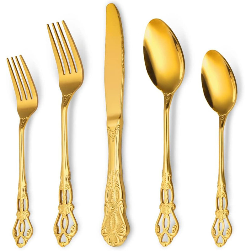 Ensemble 20 pièces d'ustensiles de couverts en acier inoxydable antirouille noir 20 pièces, Gold