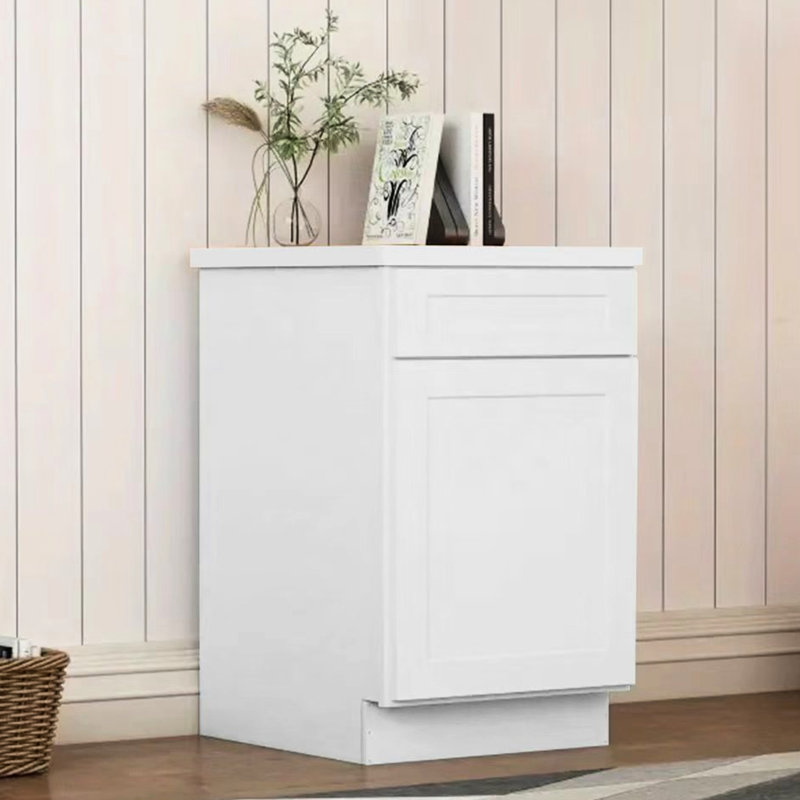 Armoire de base blanche à porte simple Shaker pour la buanderie, la cuisine et le garage, une tablette réglable, des charnières à fermeture douce, des tiroirs préinstallés avec système de pinces l 21 po x l 34,5 x P 24 po