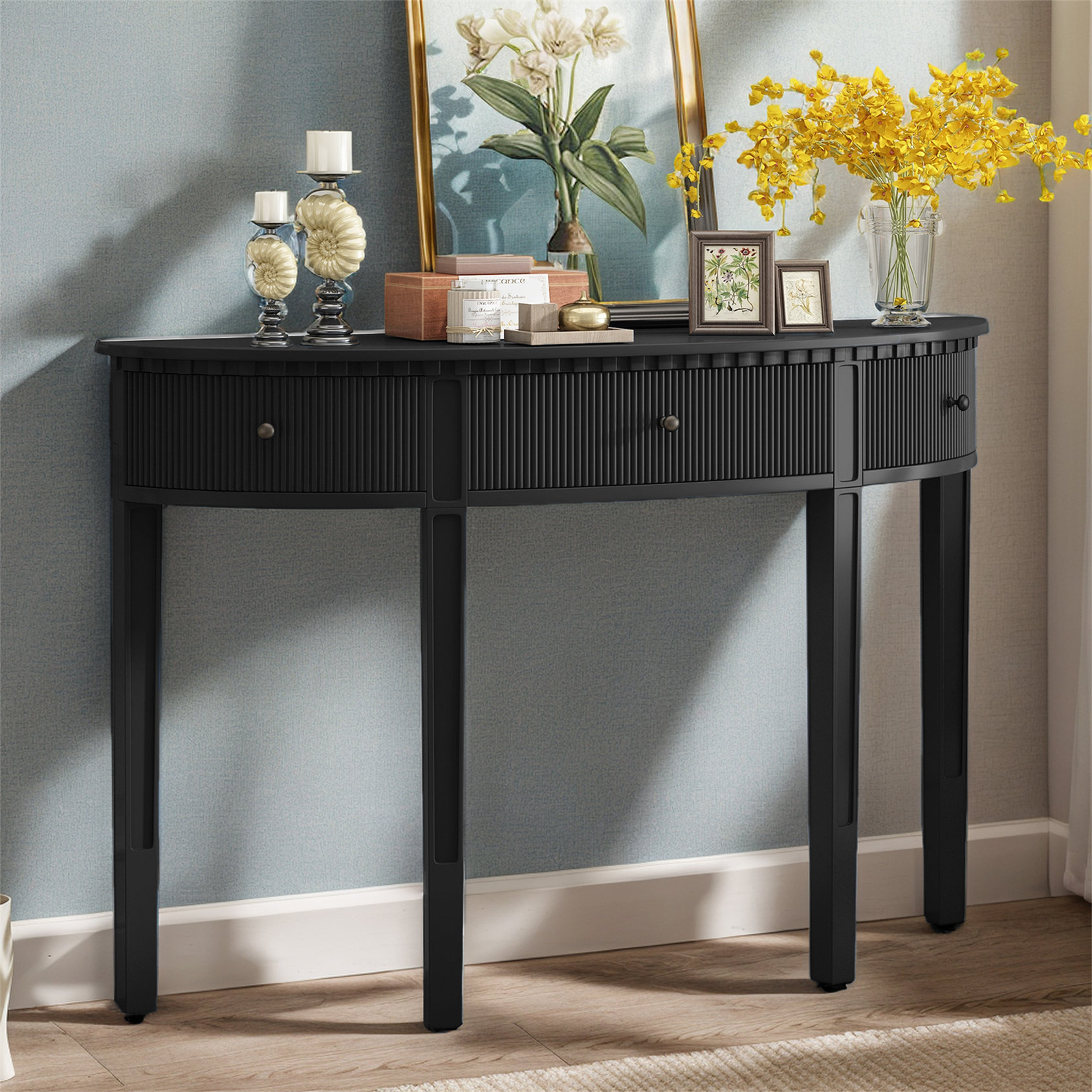 Lark Manor™ U-Style Distinctive Features Of Pine Veneer Console Table With Vertical Stripe Drawer Fronts And Four Legs & Reviews | Wayfair