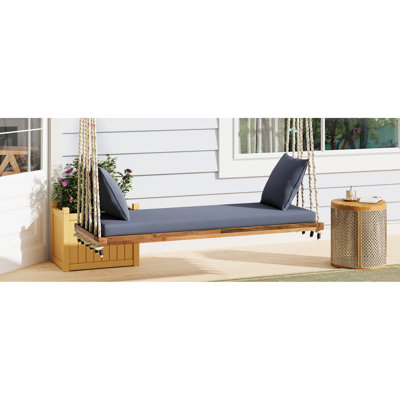 Balançoire de jardin suspendue avec structure en bois, cordes en chanvre de 3,3 m, coussin d'assise et 2 oreillers, capacité de 181 kg, 5 couleurs disponibles, schémas de charge