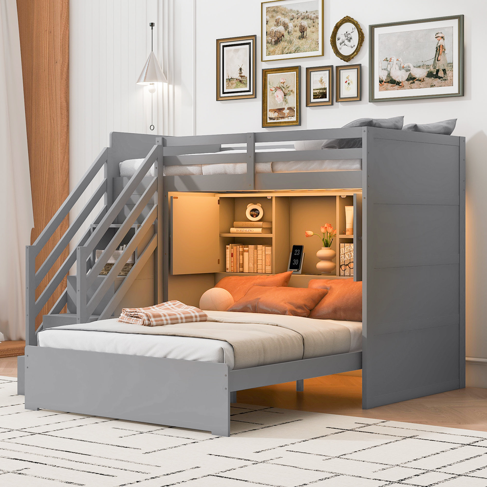 Latitude Run® Twin over Full Bunk Bed with Storage Stairs, Built-in ...