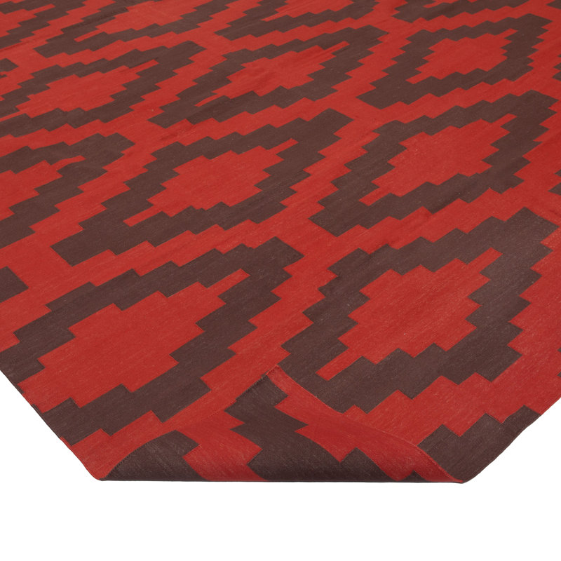 Brown & Red Geometric Flatweave Cotton Rug, Rectangle 10' x 14'